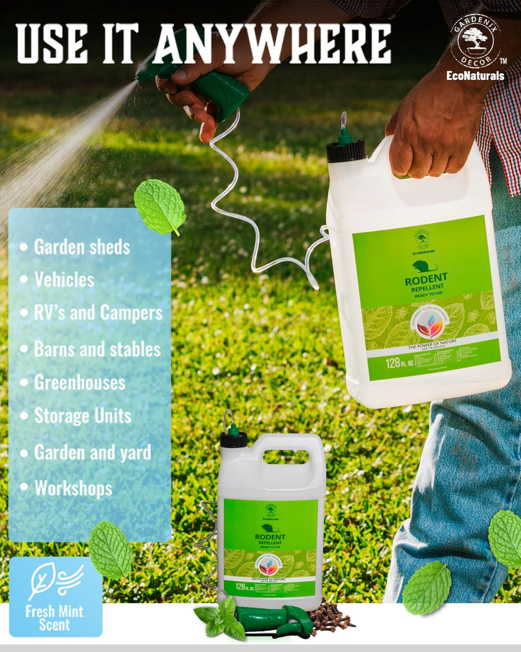 Gardenix Decor Rodent Repellent Spray – 128 oz Ready to use ; Indoor/Outdoor Natural Peppermint Oil Spray. Mouse Repellent Peppermint Oil Spray to Repel mice and Rats.