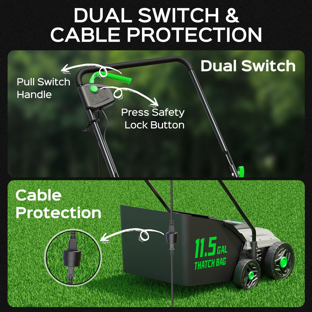 TIECTOWN 14-Inch 13.5 Amp 2-in-1 Electric Dethatcher and Scarifier with 11.5-Gallon Collection Bag, Lawn Dethatcher with 5-Position Depth Adjustment, Blade Replacement Without Tool - Green