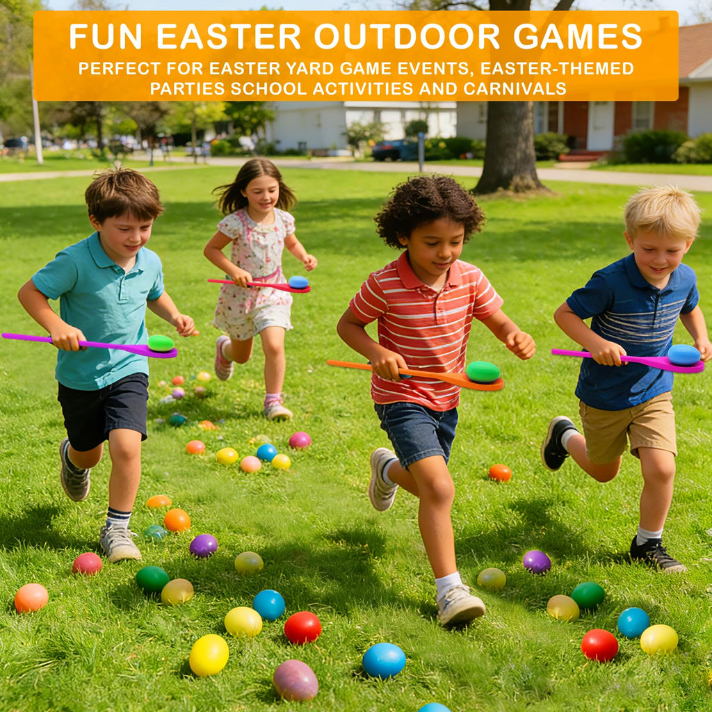 20 Pcs Easter Egg and Spoon Race Game Set, 10 Players Balance Relay Easter Games Include 10 Eggs and Wooden Spoons for Kids Family Carnival Sports Outdoor Games Holiday Birthday Party Supplies