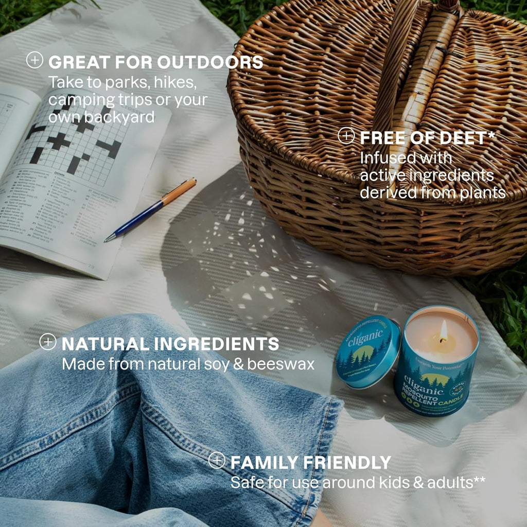 Cliganic Natural Mosquito Repellent Candle (9oz, Pack of 2) | Citronella, DEET Free, Essential Oil Infused for Outdoor, Camping | Burns 40 Hours