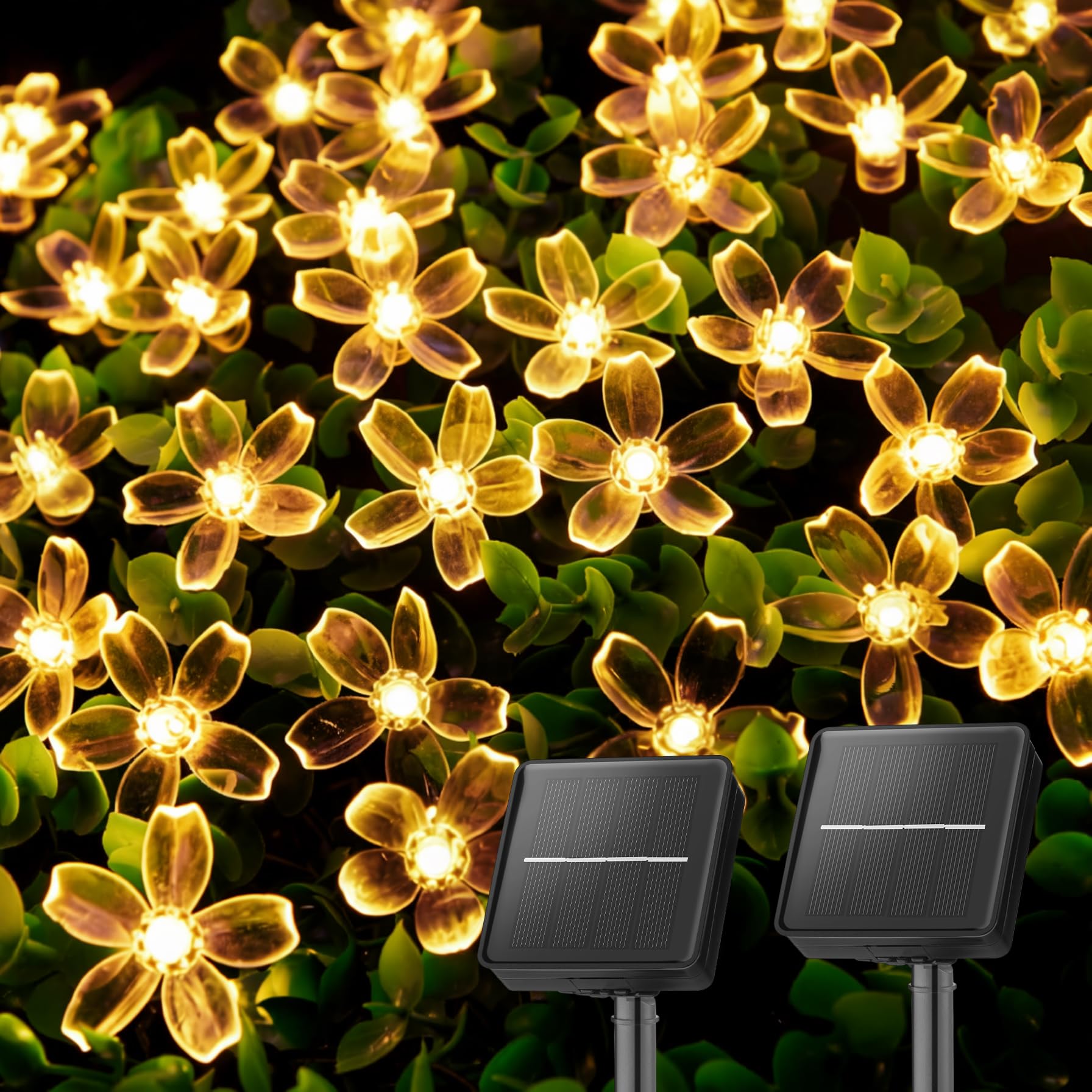 Brightown 2 Pack Total 52FT 120 LED Solar String Lights Flower Outdoor Waterproof Fairy Lights for Garden Yard Fence Patio Christmas Tree Wedding Party Decor, Warm White