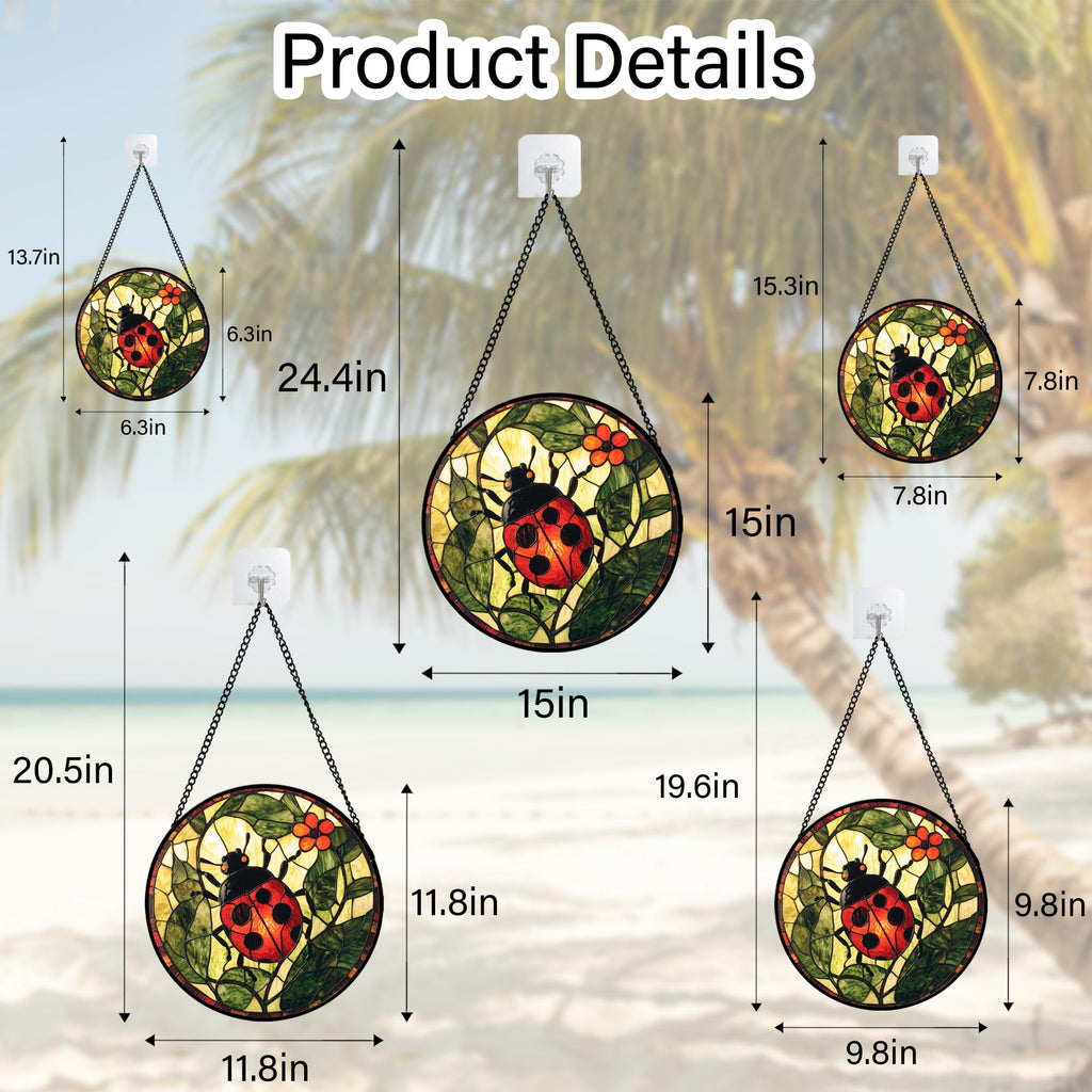 AMDERVEN Stained Glass Window Hanging - Red Ladybug Green Plant Flower Sun Catcher for Door Home Decor Insect Suncatcher Christmas Mother's Day Birthday Gifts for Women Men Mom Nana 6.3 in