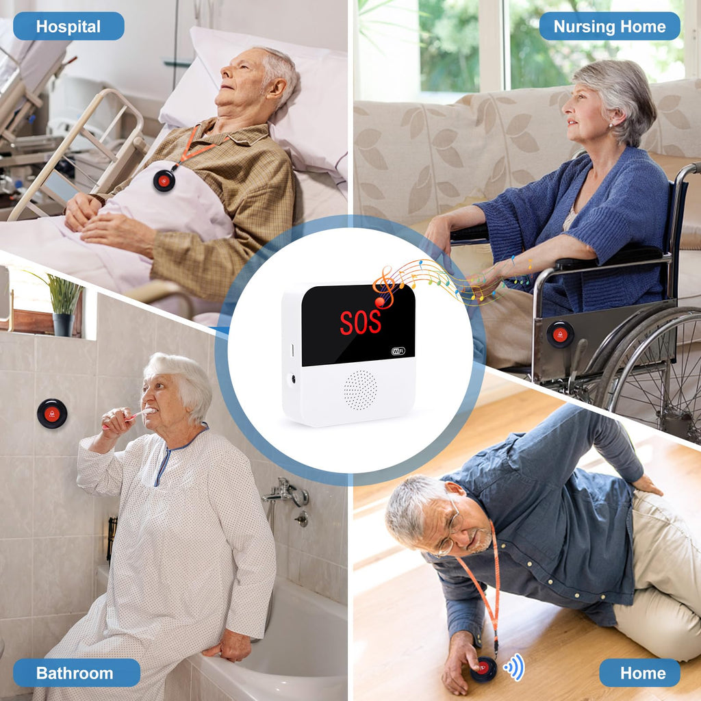 WiFi Caregiver Pager System Wireless Call Button Life Alert Systems Call Bell Fast Help Panic Button for Elderly Patient Seniors Disabled 2 Emergency Button 2 Receiver (only Supports 2.4GHz Wi-Fi)