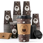 JOLLY PARTY Disposable Coffee Cups with Lids, Sleeves and Straws - 12oz(100 Pack) Paper Coffee Cups with Lids, Durable, BPA Free Hot Coffee Cups for Shops, Cafes, and Concession Stands(Dark Brown)