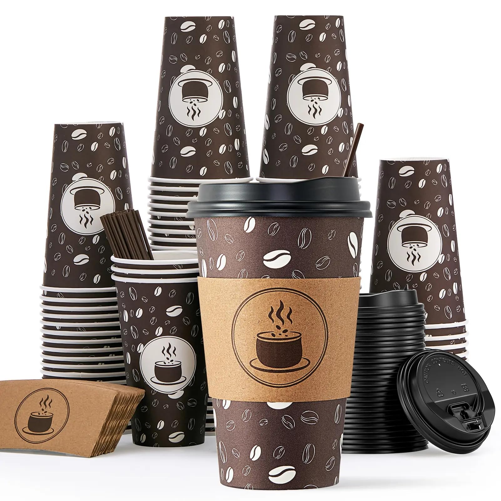 JOLLY PARTY Disposable Coffee Cups with Lids, Sleeves and Straws - 12oz(100 Pack) Paper Coffee Cups with Lids, Durable, BPA Free Hot Coffee Cups for Shops, Cafes, and Concession Stands(Dark Brown)