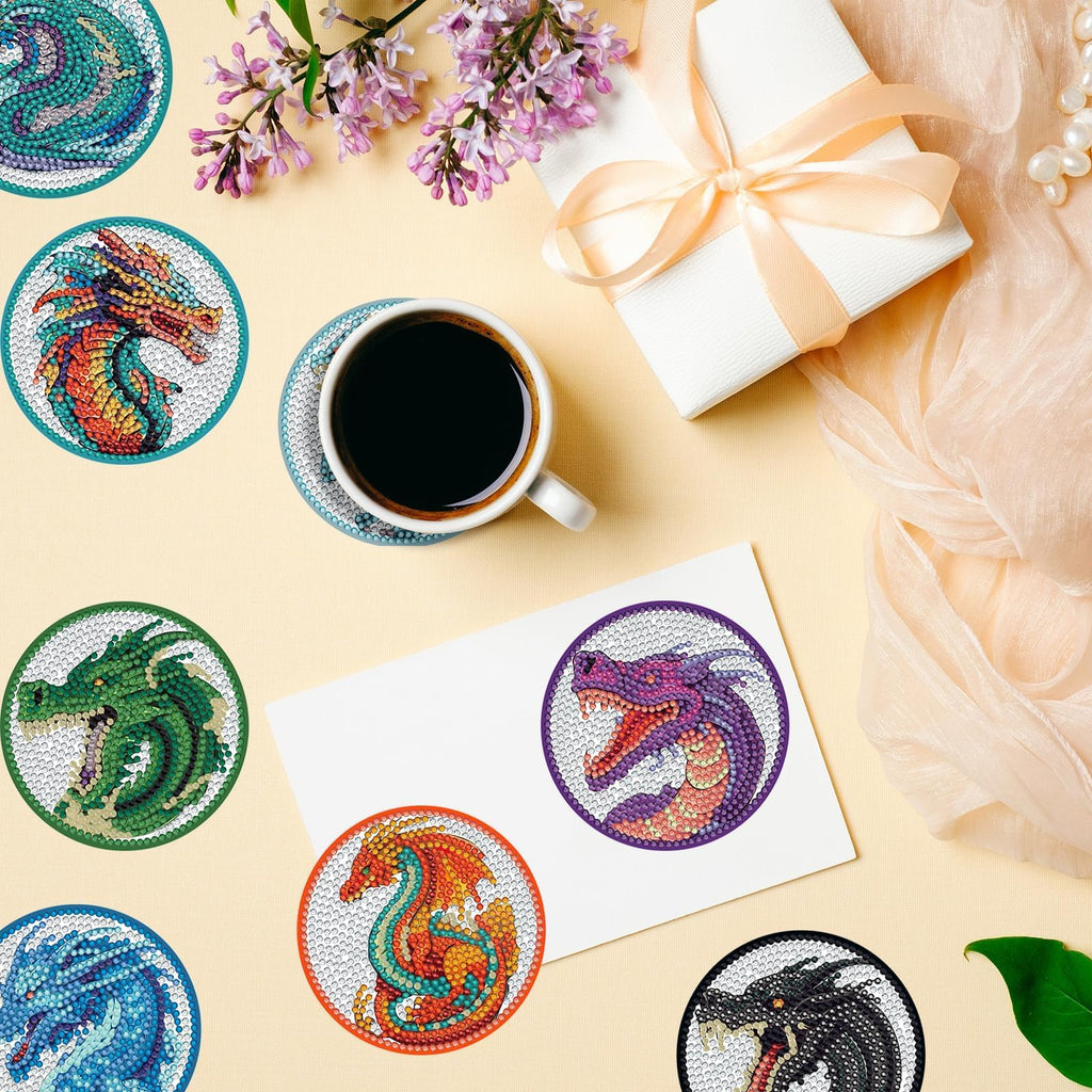 8 Pieces Dragon Diamond Coasters Kits with Holder DIY 3D Dragon Diamond Art Coaster Non Slip Coaster for Adults Diamond Kits Supplies for Christmas Gift