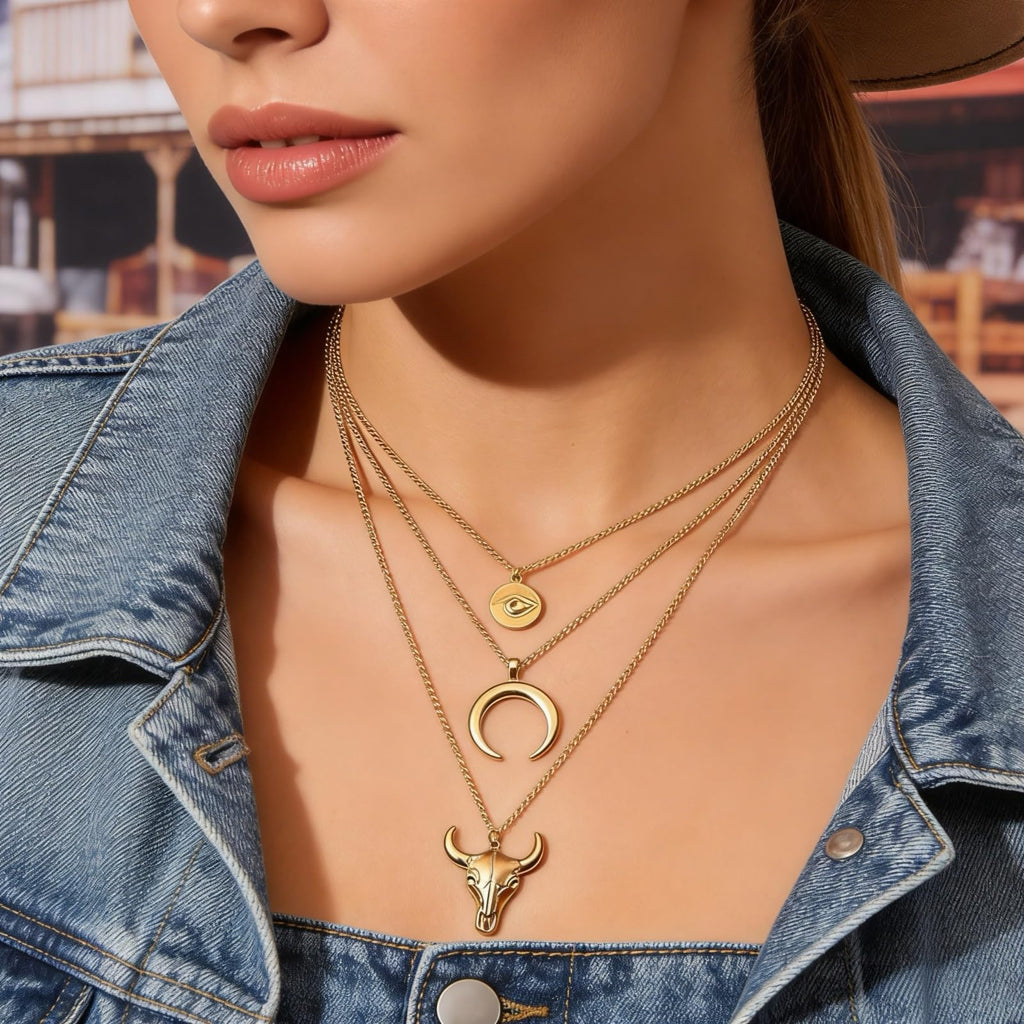 Women's Vintage Western Layered Necklaces Evil Eye Bull Head Crescent Moon Layered Necklace Boho Cowboy Cowgirl Geometric Pendant Chain Necklace Fashion Jewelry Gifts for Women (style2)