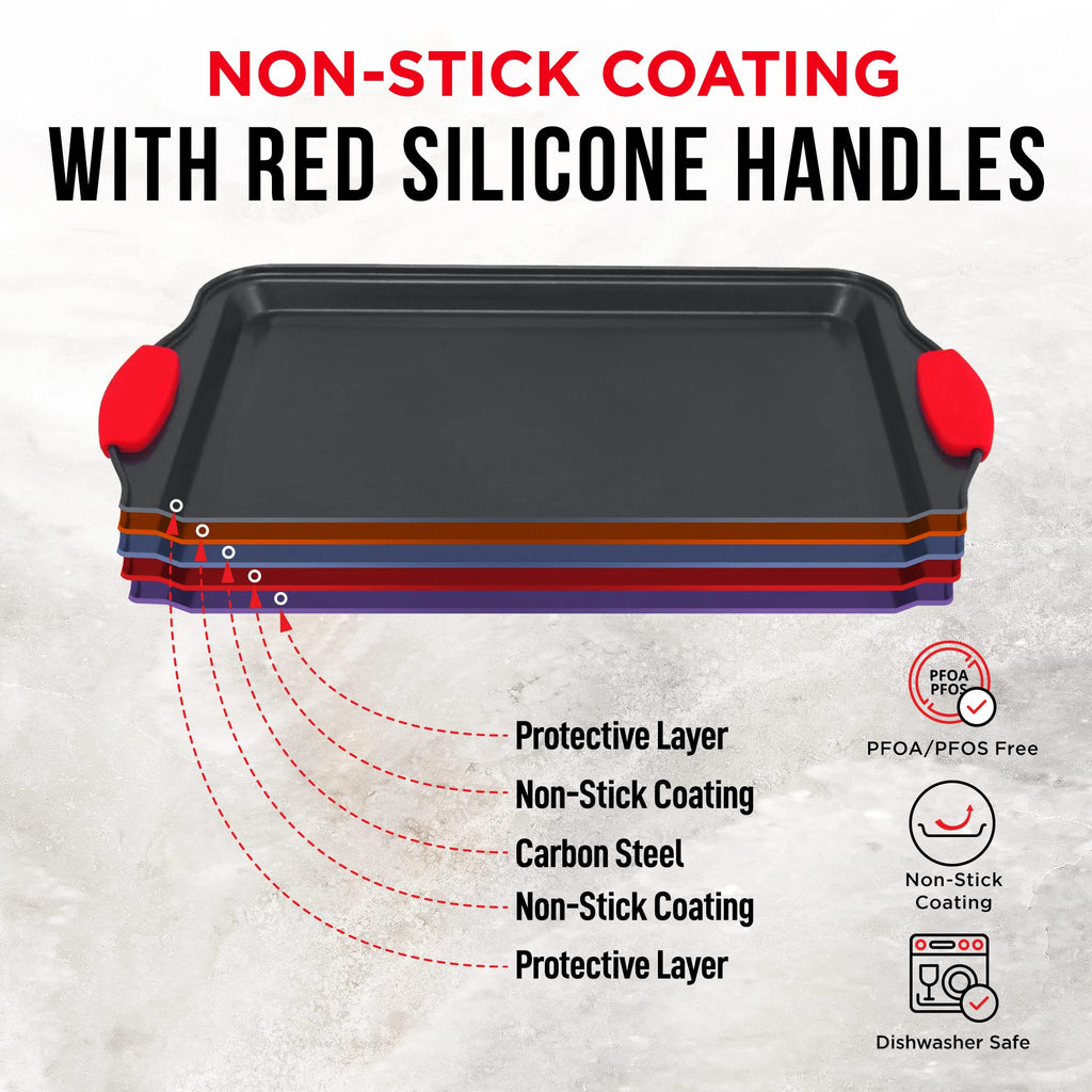 BAKKEN Kitchen Baking Pan Set - Nonstick Coating, Carbon Steel Bakeware Sets with Red Silicone Handles, Baking Kitchen Essentials, PFOA, PFOS, PTFE Free, Oven Safe Tray (Up To 450° F), Set of 18
