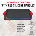 BAKKEN Kitchen Baking Pan Set - Nonstick Coating, Carbon Steel Bakeware Sets with Red Silicone Handles, Baking Kitchen Essentials, PFOA, PFOS, PTFE Free, Oven Safe Tray (Up To 450° F), Set of 18