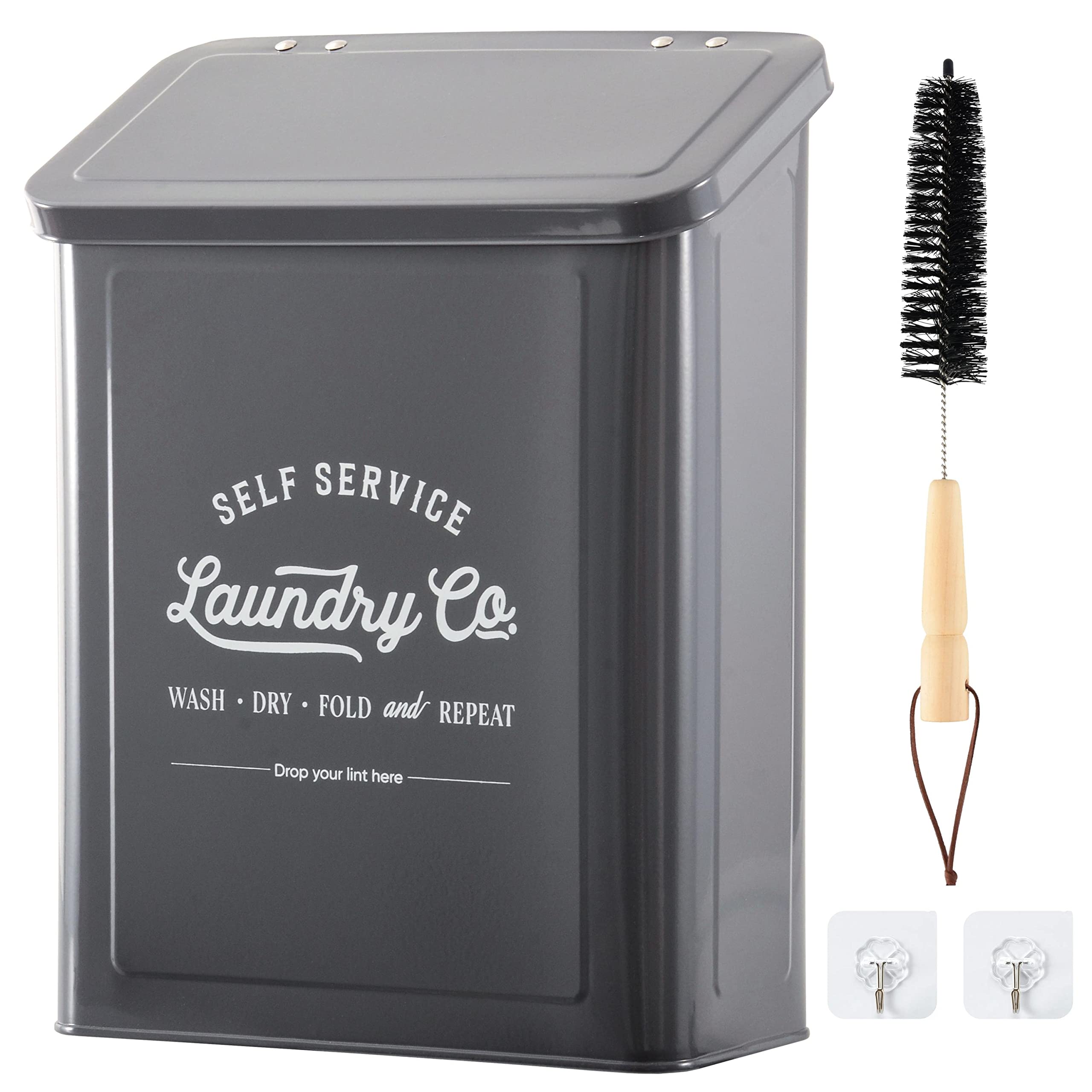 MONJITA Magnetic Lint Bin for Laundry Room, Wall Mounted Lint Trash can with lid for Dryer, Farmhouse Laundry Co Sign, Laundry Room Organization and Storage Decor with Dryer Lint Brush(Grey)