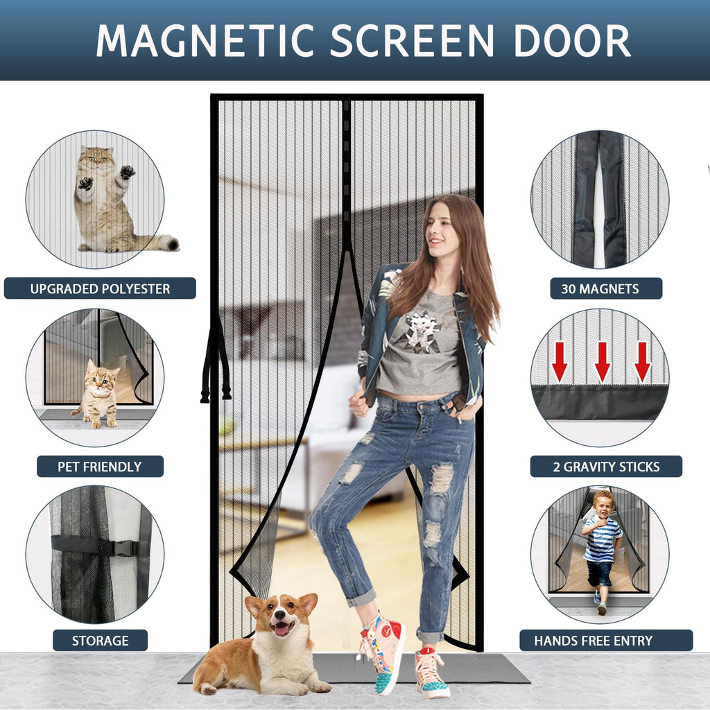 Magnetic Screen Door with Stay Open Buckles - Door Curtains Heavy Duty Self-Sealing Mesh,Powerful Magnets (Fit for Door Size:36x82 Inch,Screen Itself Size:38x83 Inch, Black)