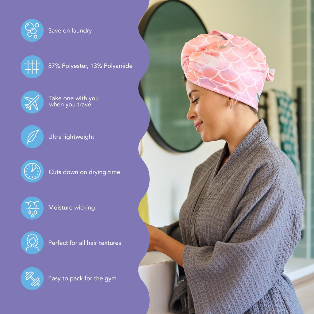 Turbie Twist Microfiber Hair Towel Wrap - The Original Quick Dry, Anti-Frizz Turban Towel for Thick, Long, and Curly Hair - Bathroom Essential for Women, Men, and Kids - Mermaid - 2 Pack