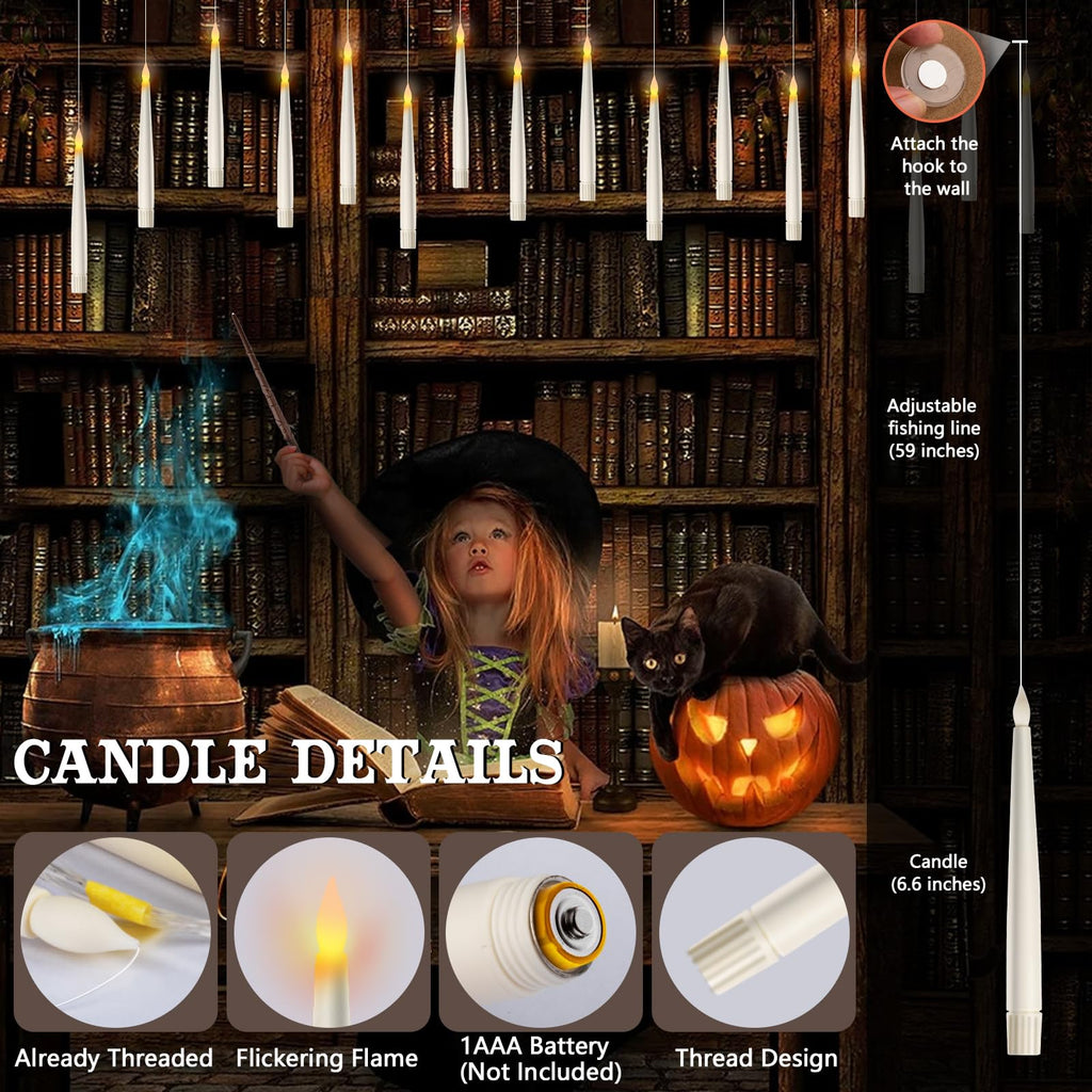 Halloween Decorations, 20pcs Floating Candles with Wand Remote, Flickering Warmer Light Flameless Candles, Magic Hanging Candles with DIY Sticker, Halloween Decorations Decor Indoor Outdoor Party (20)