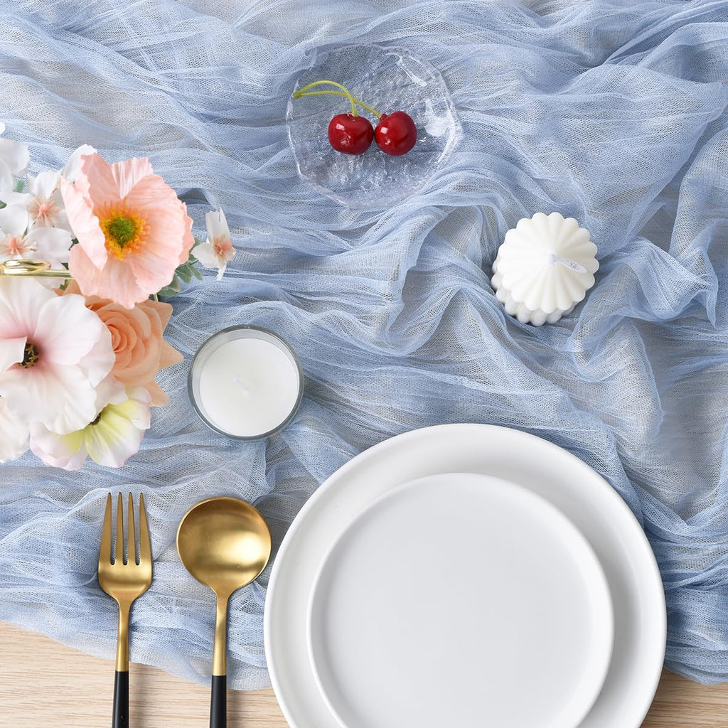 Joanlody Blue Cheesecloth Table Runner 10Ft Rustic Gauze Cheese Cloth Table Runner Boho Tablecloth for Wedding Bridal Shower Fall Thanksgiving Christmas Decoration 4 Pack