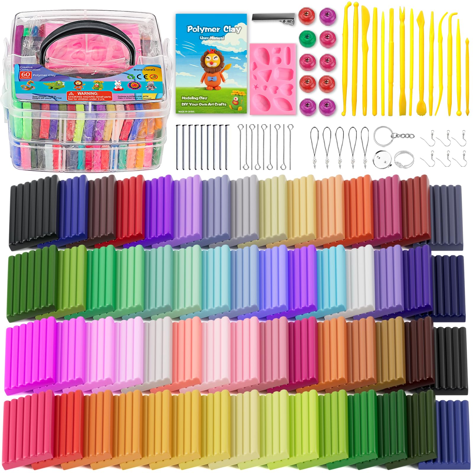 CiaraQ Polymer Clay Starter kit, Oven Bake Modeling Clay with Sculpting Tools, 60 Colors, 3.24 lb