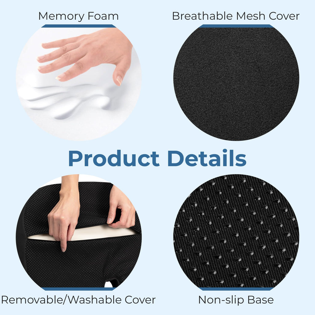 5 STARS UNITED Seat Cushion for Tailbone Pain Relief – Large Memory Foam Lifting Pillow for Coccyx, Hip, Sciatica & Post-Surgery Recovery – Wheelchair, Car, Desk, Gaming & Office Chairs, Black