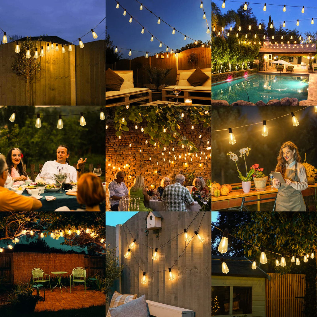 Brightever Outdoor String Lights 200FT Waterproof, Patio String Lights for Outside with 100+4 ST38 Shatterproof LED Filament Bulbs, Dimmable Hanging Lights for Christmas, Party, Cafe (2-Pack 100FT)