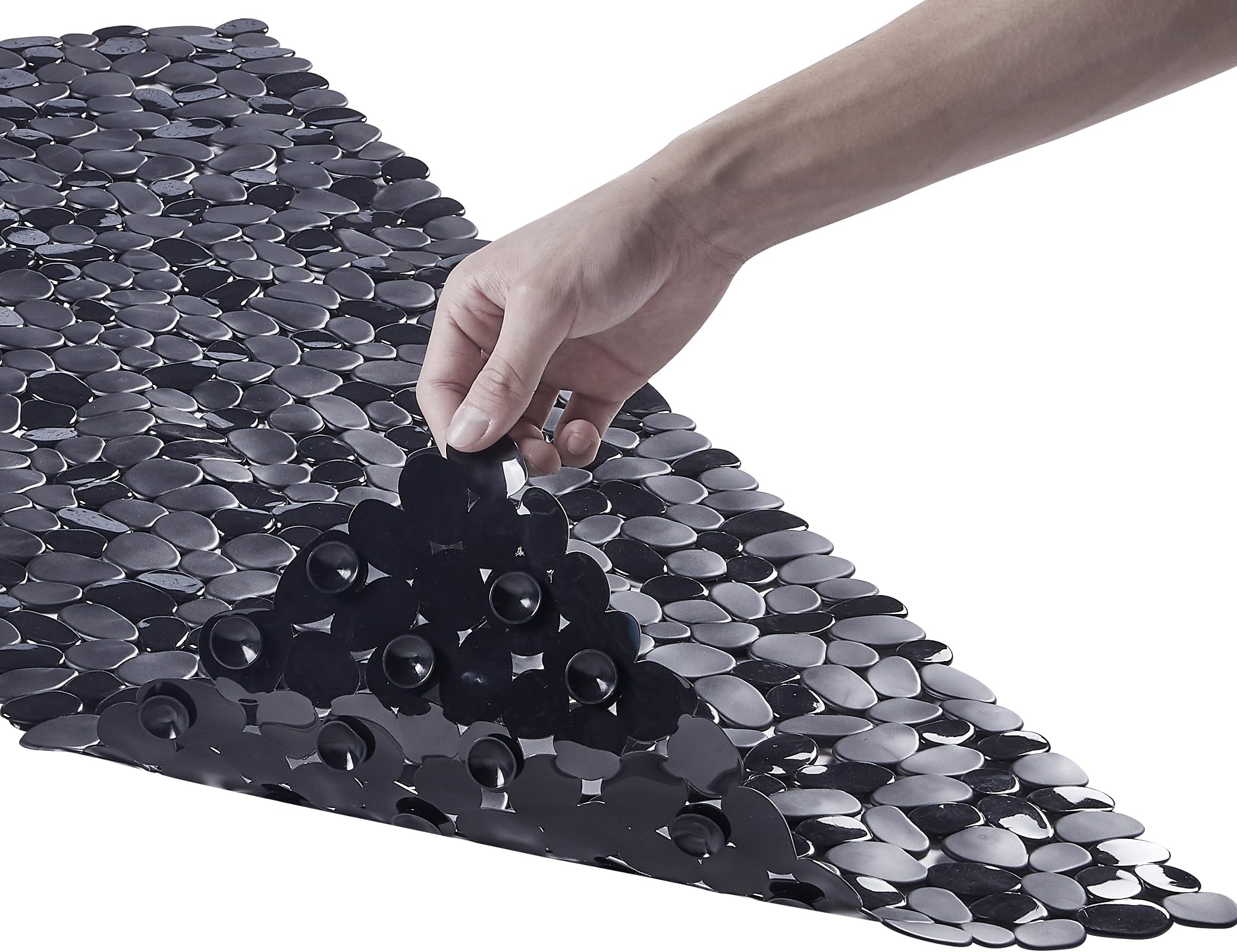 Webos Bath Shower Mat Non Slip: Extra Large Pebble Bathtub mat for Kids, Elderly, Anti Slip Shower Matt with Drain Holes Suction Cups Tub Mat - 16 X 40 Inch Black