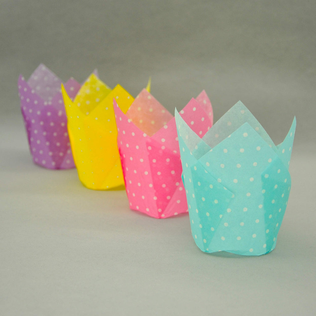 QLSmypkg Large Muffin Greaseproof paper Baking cupcake cups, 2-1/4" x 4" Blue,Yellow,Pink,Purple printed with Polka Dot(each colour about 32 pcs, total 125 pcs) Tulip Baking Cup(Large) (125, Multi)