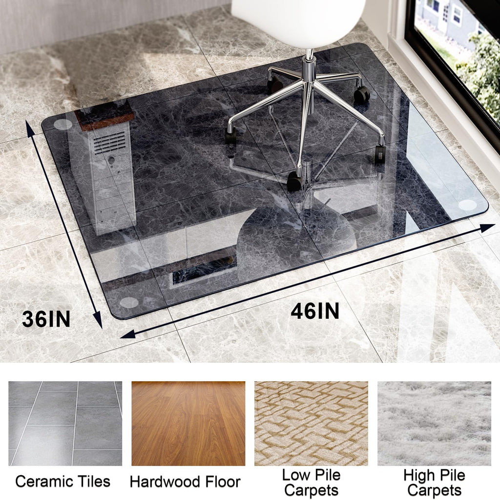 GLSLAND Office Chair Mat, 36" x 46" Grey Tempered Glass Floor Mat for Office Chair on Carpet, 1/5" Thick Computer Floor Mat with 4 Anti-Slip Pads