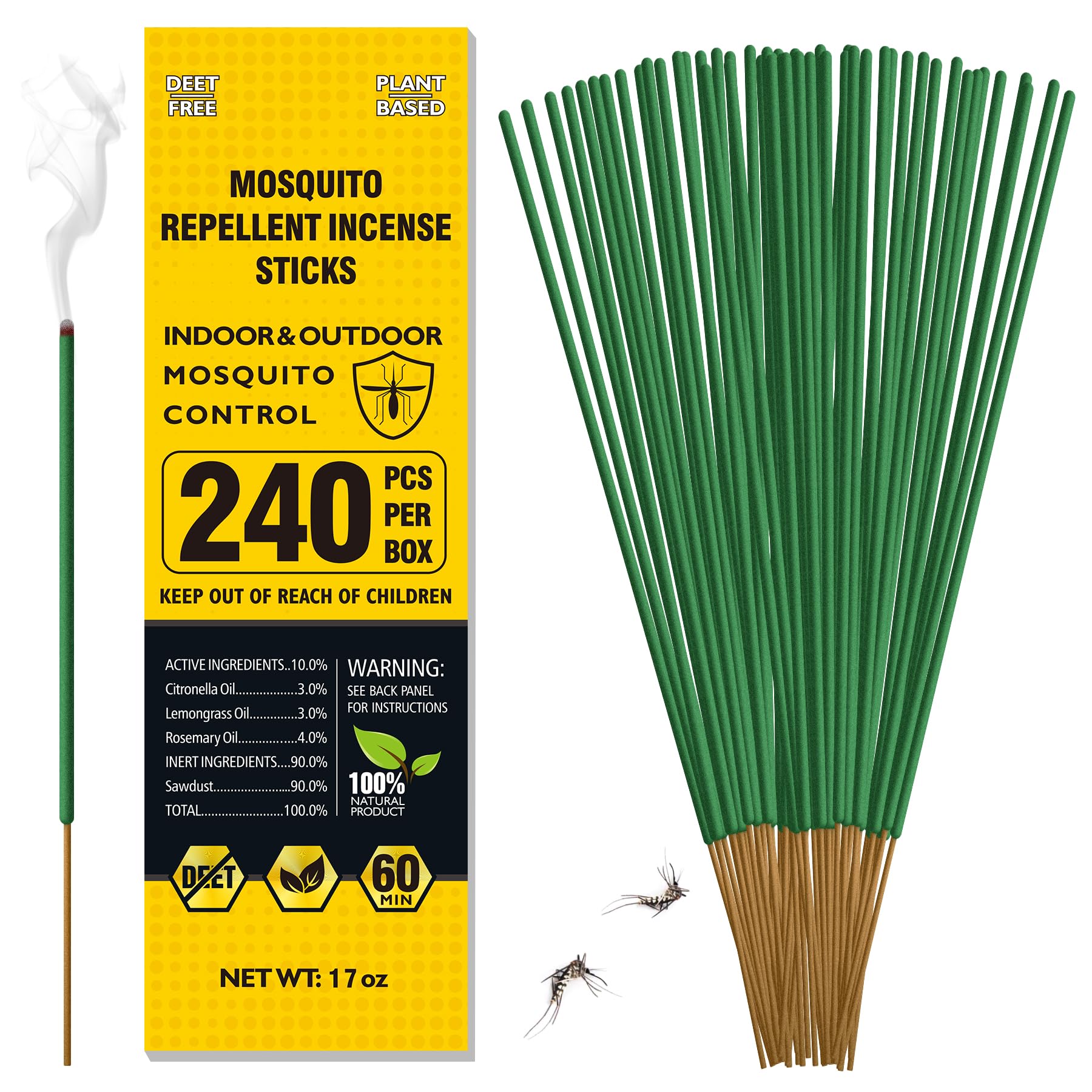 BugBai Mosquito Repellent Outdoor Patio, 240 PCS Natural Plant-Based Citronella Oil Incense Sticks Indoor Home Pet Family Safe, DEET Free Bug Insect Control Repellent for Yard Garden Camping Fishing