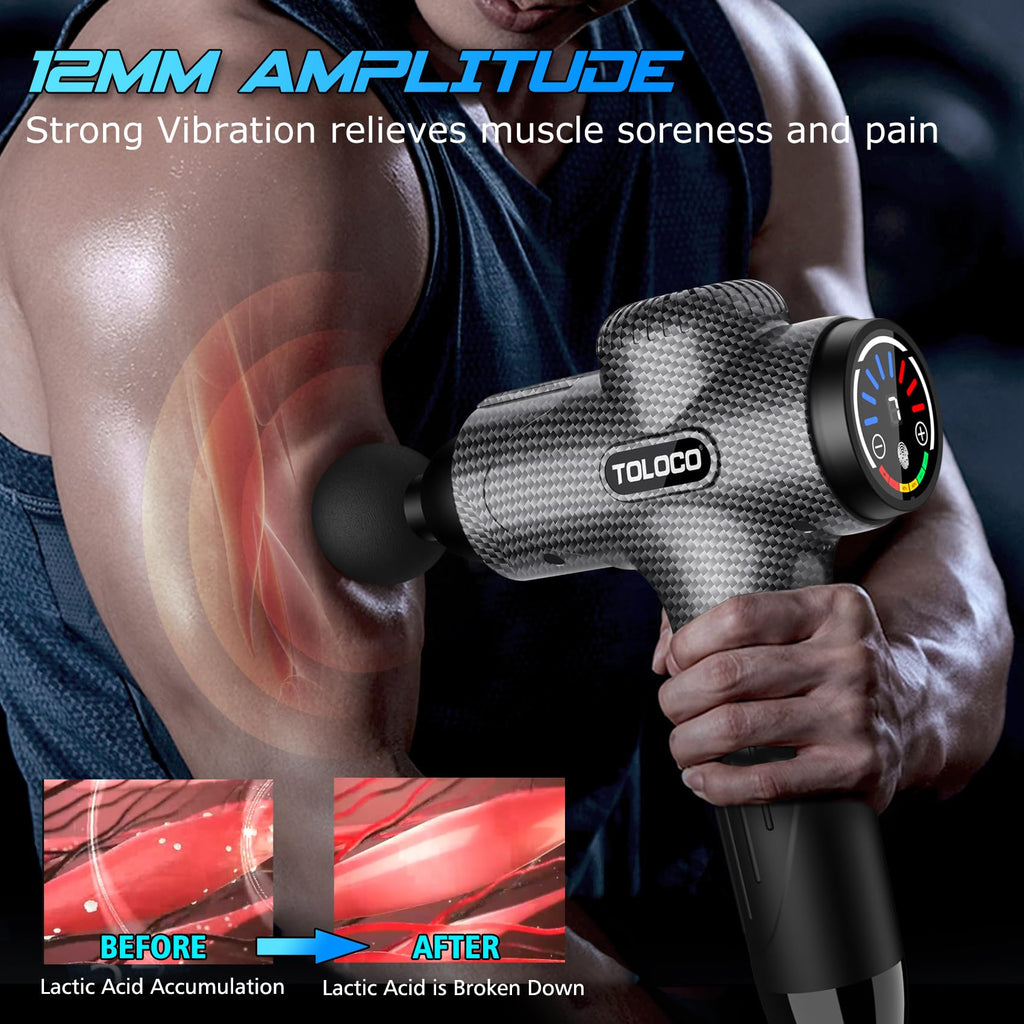 TOLOCO Massage Gun, Upgrade Deep Tissue Back Massager with 9 Replacement Heads, Percussion Massage Guns for Athletes for Pain Relief, Super Quiet Electric Massager for Treatment, Relax, Carbon