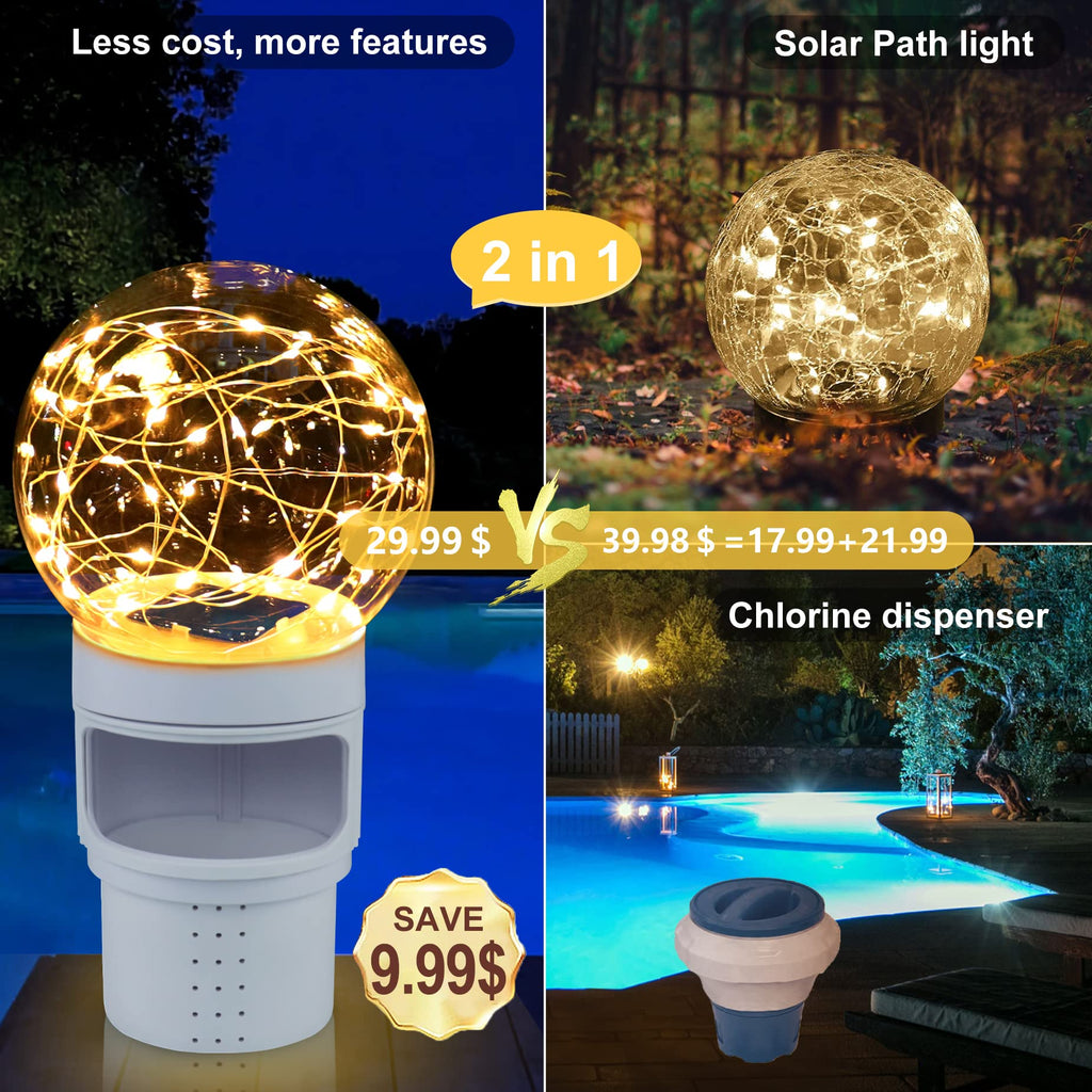 DeeprBlu Pool Chlorine Floater with Solar Ball Light, Floating Chlorine Dispenser for 3'' Chlorine Tablets, Chlorine Tablet Floater Chemical Dispenser Easy Opening, Bromine Tablet Holder for Pool, Spa