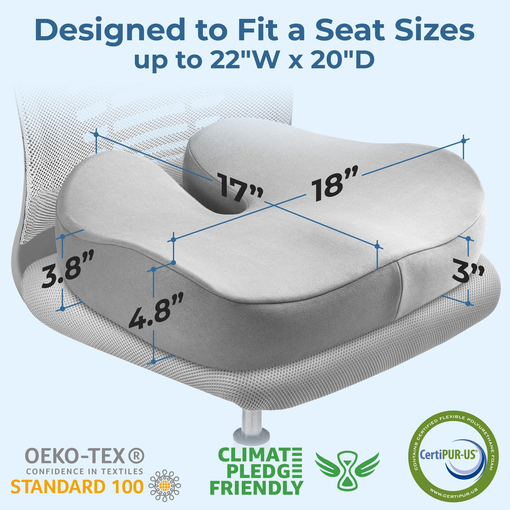 5 STARS UNITED Seat Cushion for Tailbone Pain Relief – Large Memory Foam Lifting Pillow for Coccyx, Hip, Sciatica & Post-Surgery Recovery – Wheelchair, Car, Desk, Gaming & Office Chairs, Light Gray