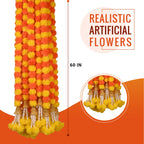 DIYANA IMPEX Marigold Garland for Decoration 5 Pcs of 5 feet Long Strands Artificial Marigold Flowers with Bell, Indian Décor for Pooja/Diwali Decorations/Christmas (Yellow) (Orange + Yellow)
