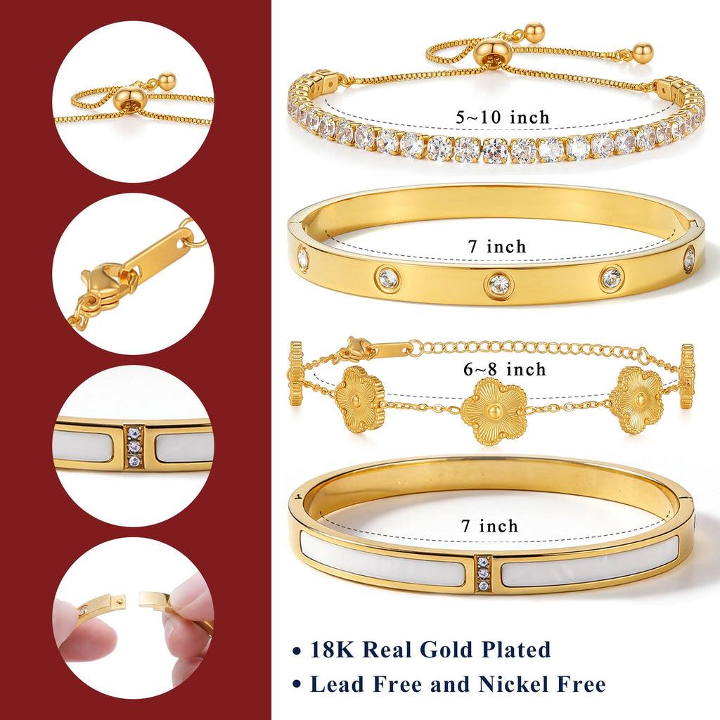 18K Gold Plated Stackable Bangles Bracelets for Women - 4 Pcs Gold Bracelet Set Trendy Stainless Steel Fashion Accessories, Dainty Stacked Jewelry Set Gift for Daily Wear Five Leaf Clover