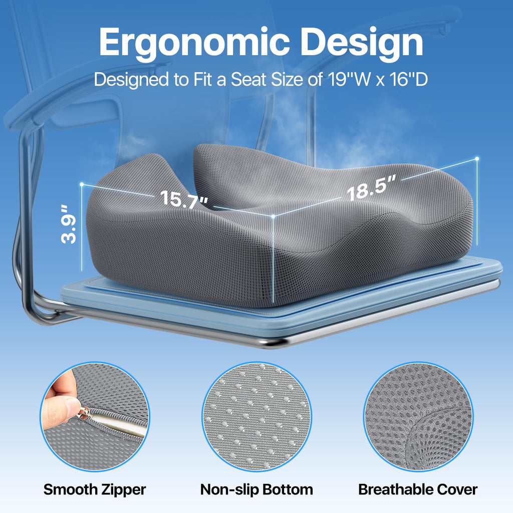 CJACSOC Seat Cushion, Extra Large Memory Foam Cushion for Office Chair Cushions, Ergonomic Cushions Pad Pillow for Pressure Relief Sciatica & Pain Relief for Long Sitting, Grey