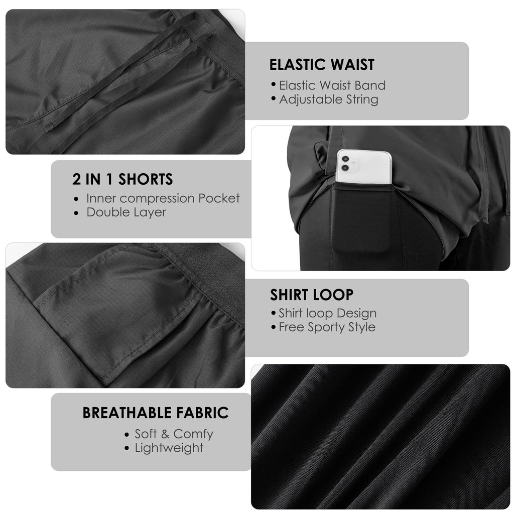 Men's 2 in 1 Running Shorts Workout Athletic Shorts Outdoor Sports with Liner Lightweight Training Yoga Gym Shorts with Phone Pockets Dark Gray