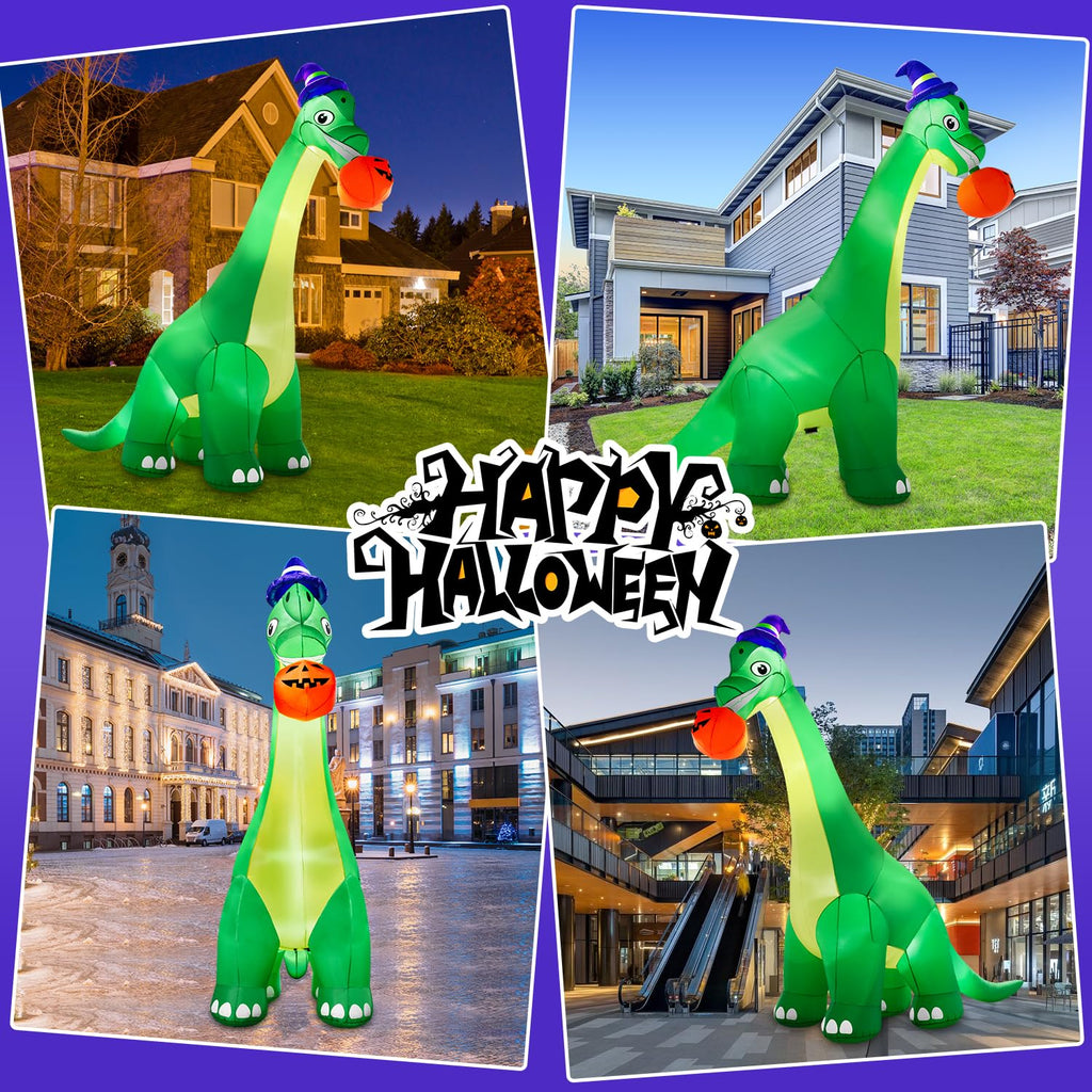 zukakii 13Ft Giant Halloween Dinosaur Inflatable Decorations, Bite Large Pumpkin with Witch Hat Build-in LED Light Strong Blower Huge Blow Up Yard Clearance Decor for Outdoor Indoor Holiday Party Yard