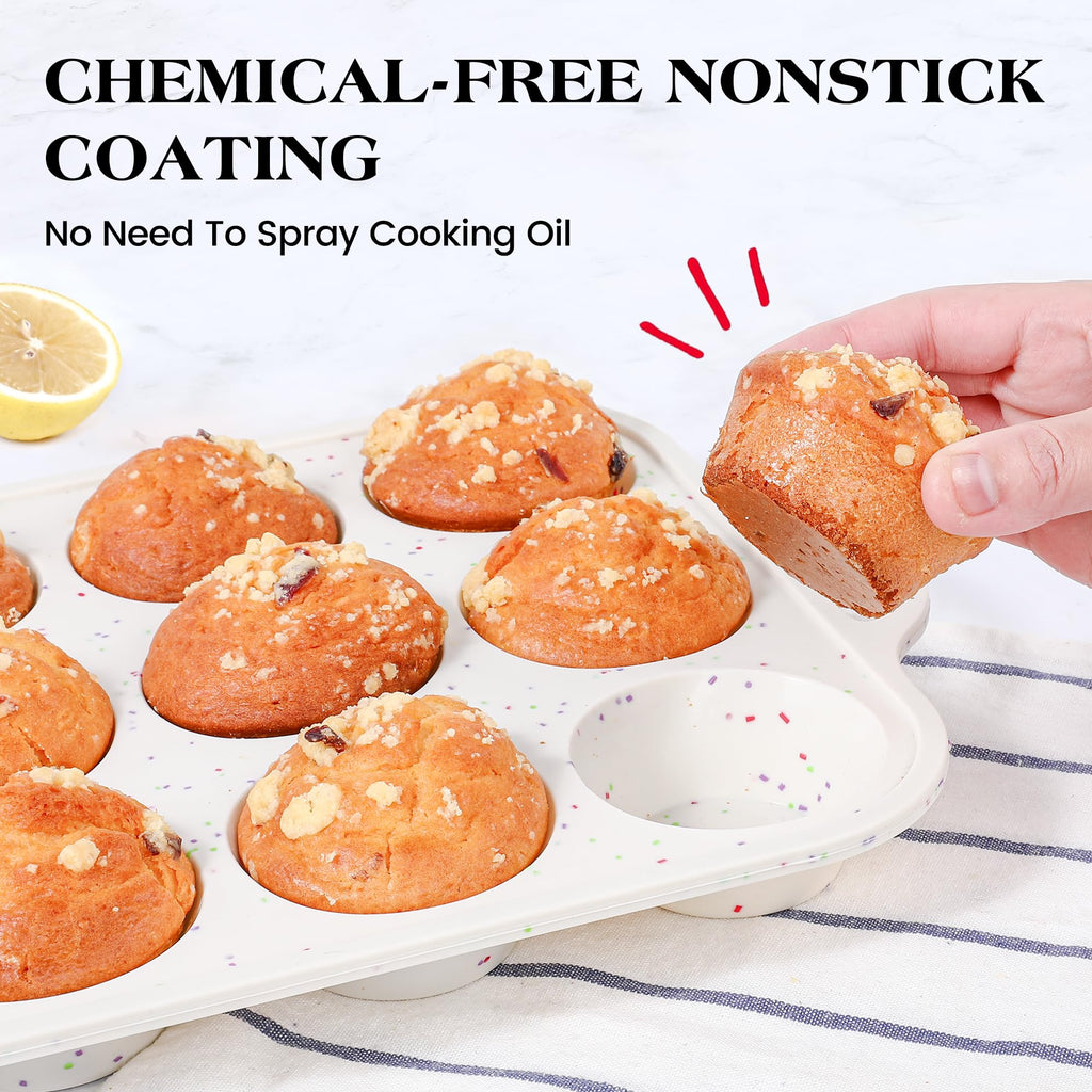 AOTASO Regular 12 Cup and Mini 24 Cup Nonstick Cupcake Pan Set Silicone Muffin Pan for Baking Silicone Cupcake Mold with Metal Reinforced Frame BPA Free (2 Pcs, Cream)
