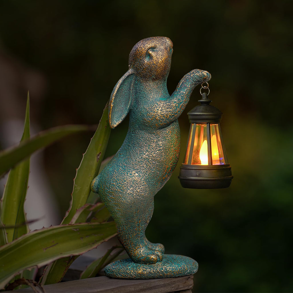 MININOVA Garden Statues Rabbit with Solar Lantern Resin Outdoor Bunny Figurines Decorations for Patio Yard Lawn Ornaments Gifts for Mother's Day Birthday Housewarming