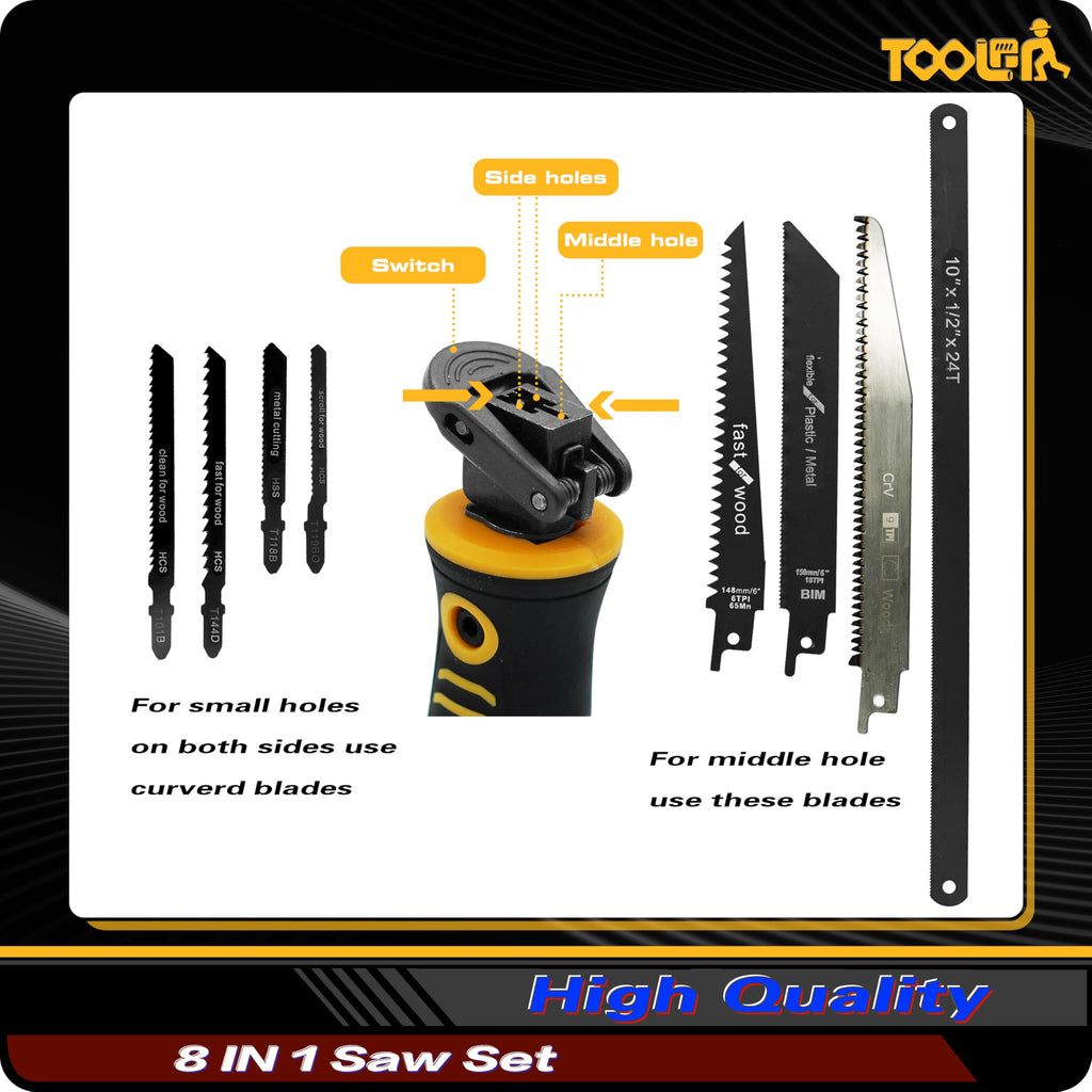 8-In-1 Multi Blades Hand Saw, Drywall Cutter. Hacksaw. Long Blade Hand Saw, Jab Saw, For Cutting Drywall, Sheetrock, Wood, Metel, Plastic, Plywood. Blade Quick Change Mechanism.