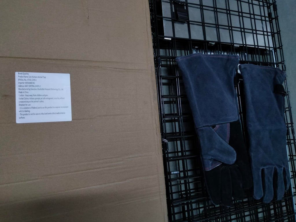 Qualirey Heavy Duty Large Live Animal Cage Trap with Bite Proof Gloves 50'' x 20'' x 26'' Black Folding Live Humane Animal Trap for Coyote, Dogs, Opossums, Groundhogs, Squirrel, Raccoons, Cats, Foxes