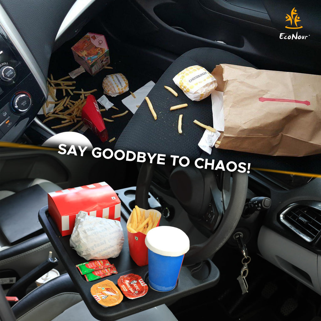 EcoNour 4 in 1 Car Steering Wheel Tray - 2026 Upgraded Tray with Dual Sauce Dip Holder and Tablet Holder | Spacious Steering Wheel Desk for Food and Laptop | Car Accessories (Large)