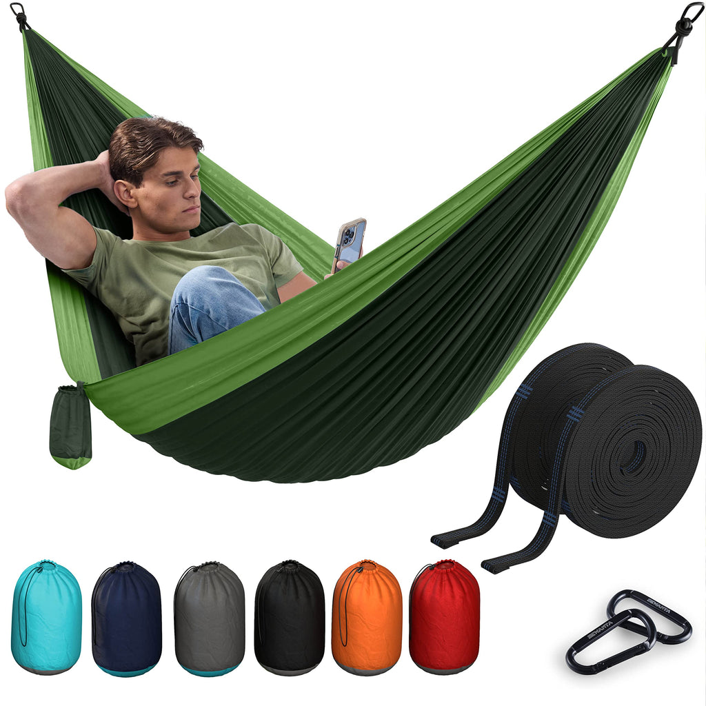 Durable Hammock 500 lb Capacity - Lightweight Nylon Camping Hammock Chair - Double or Single Sizes w/Tree Straps and Attached Carry Bag - Portable for Travel/Backpacking/Beach/Backyard (Large,Green)