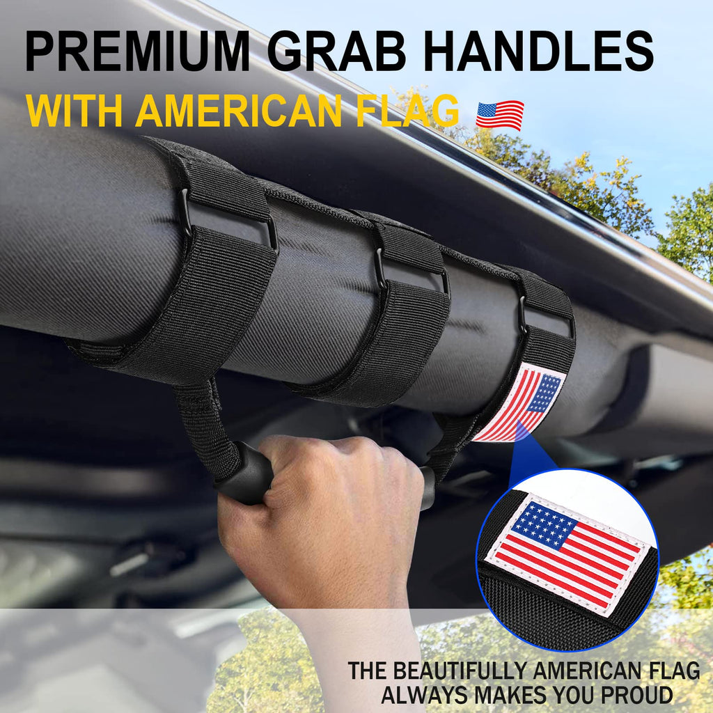 moveland Roll Bar Grab Handles with US Flag, 2 x Grip Handles for 1955-2023 Jeep Wrangler JL, JK, TJ, YJ & Jeep Gladiator Accessories - Upgrade Metal Buckle, Strong & Durable