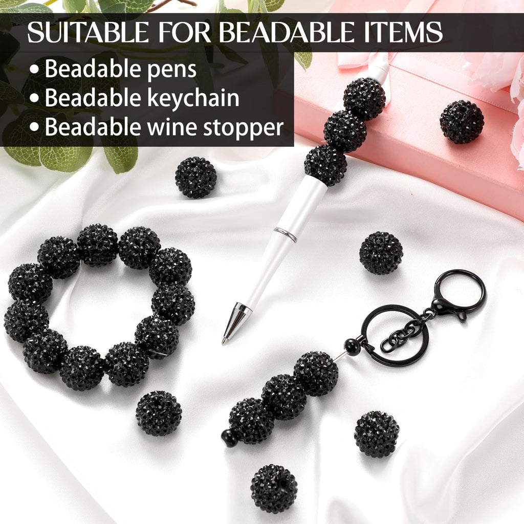 Loetere 40 Pcs 20mm Rhinestone Beads Crystal Round Disco Ball Beads Bulk Chunky Bubblegum Beads Charms for Christmas DIY Pens Making Jewelry Supplies Craft European Style Bracelets (Black)