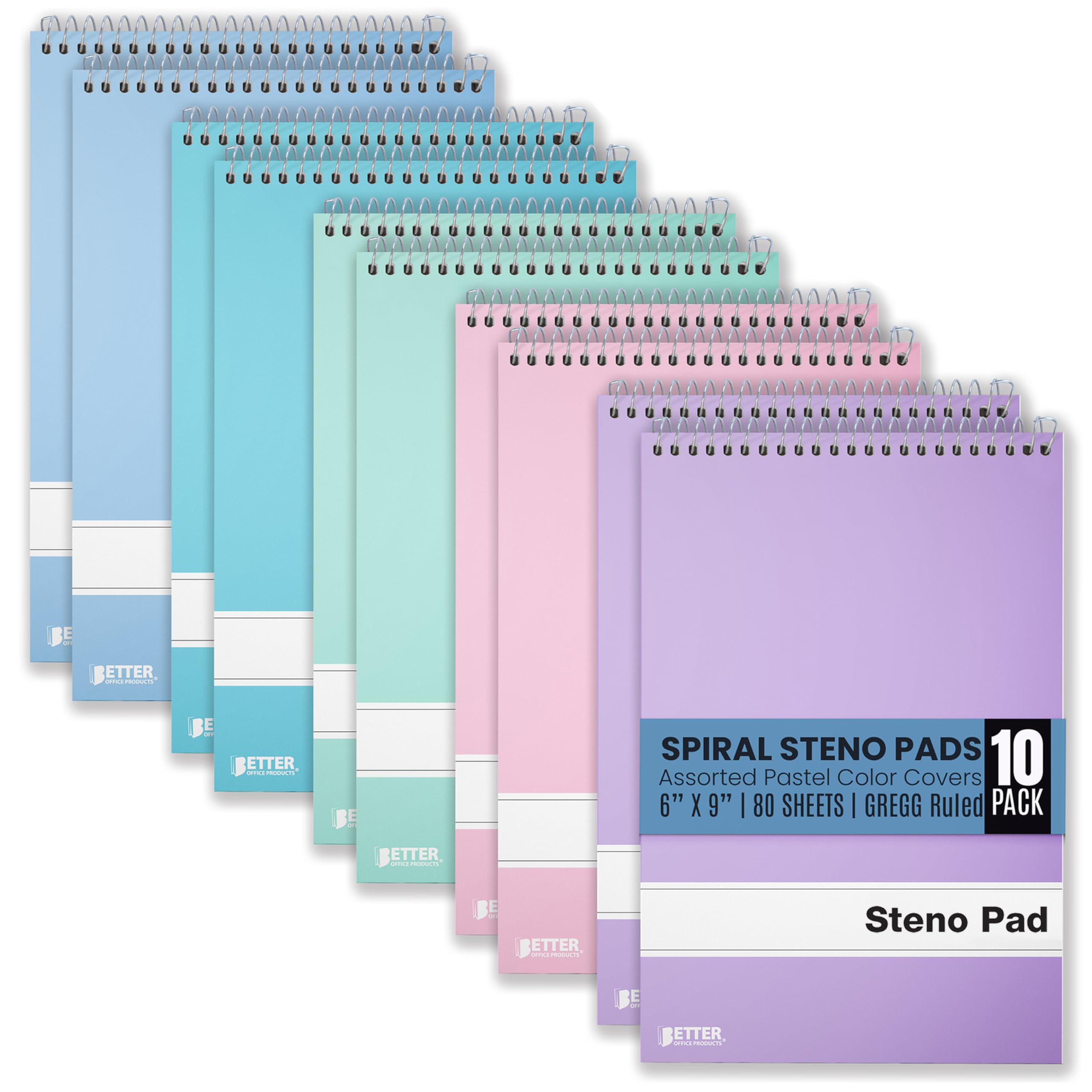 Steno Pads Spiral 6x9, 10 Pack, Gregg Ruled, 80 Sheets, Assorted Pastel Covers, Steno Notebooks Top Spiral for Note Taking