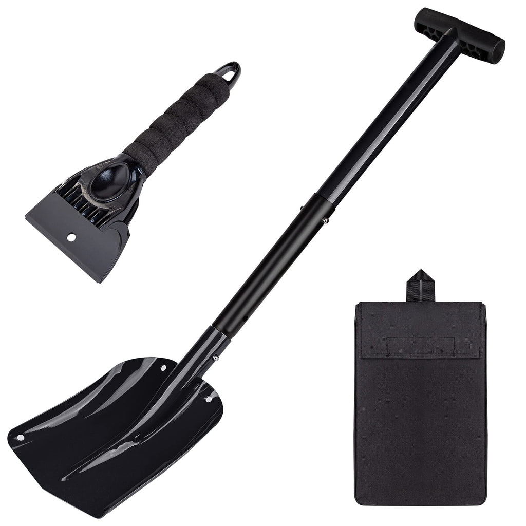 CARTMAN 32.5 Inch Folding Emergency Snow Shovel 3 Piece Aluminum Lightweight Portable Sport Utility Shovel for Car Trunk Camping Garden Beach with Ice Scraper Carrying Bag, Black