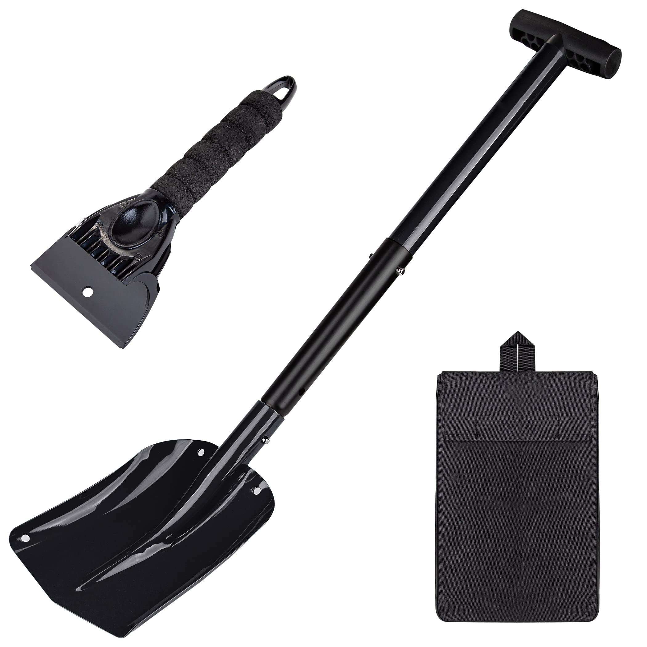 CARTMAN 32.5 Inch Folding Emergency Snow Shovel 3 Piece Aluminum Lightweight Portable Sport Utility Shovel for Car Trunk Camping Garden Beach with Ice Scraper Carrying Bag, Black