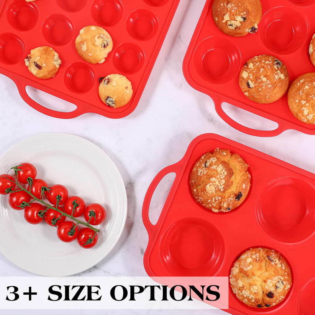AOTASO Silicone Mini Muffin Pan With Stainless Steel Reinforced Frame 24 Cups Nonstick Cupcake Molds for Baking Silicone Muffin Tray with Handles(2 Pcs, Red)