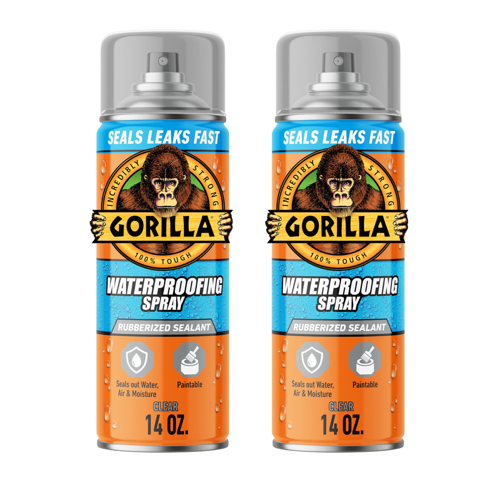 Gorilla Waterproofing Spray Clear, Flexible Rubberized Sealant Coating, Paintable UV Resistant, Seals Water Air Moisture, 14 oz (Pack of 2), for Roofs Gutters Skylights RVs Windows & More