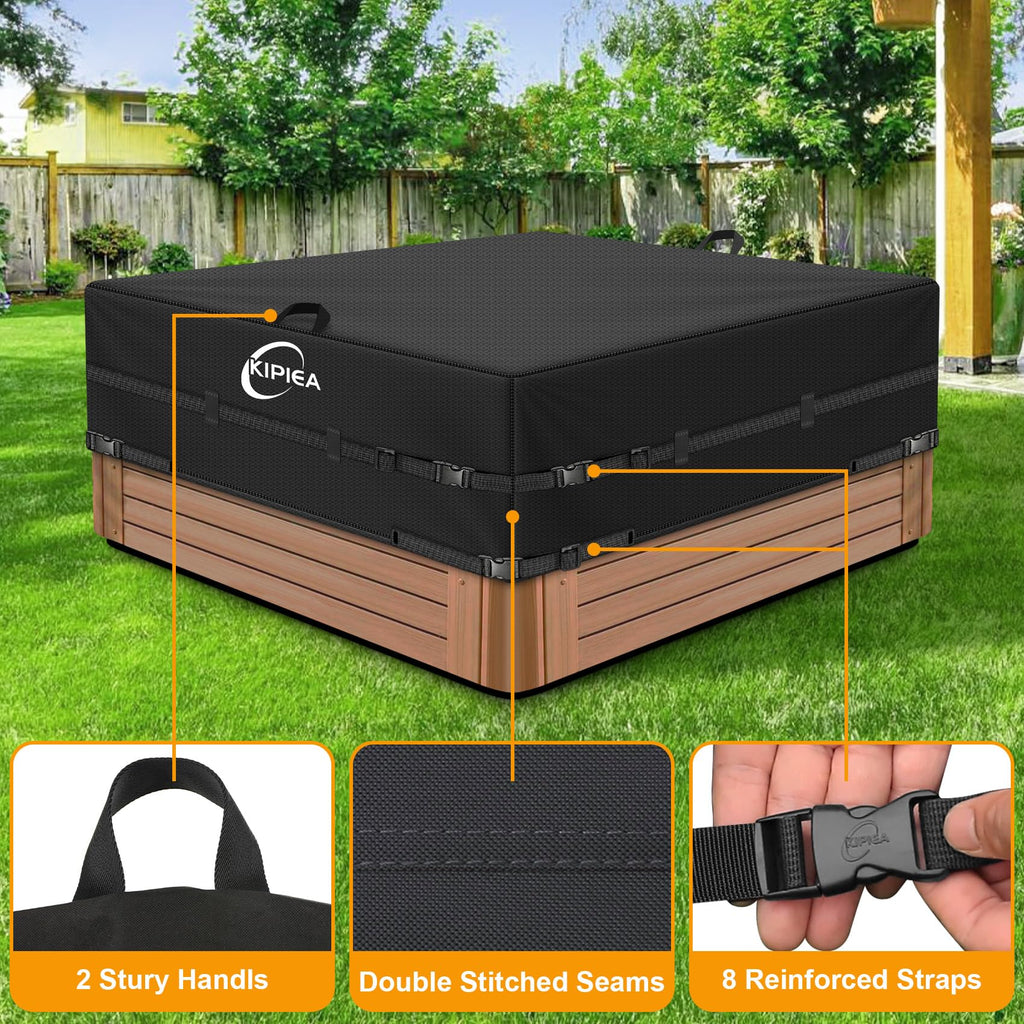 Kipiea 600D Outdoor Waterproof Square Hot Tub Cover Protector, Heavy Duty Polyester SPA Cover UV Protection Cover 85" L x 85" W x 20" H, Black