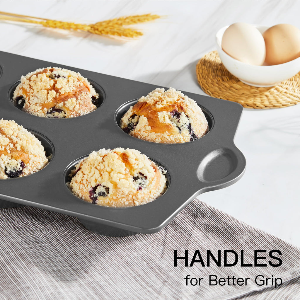 HONGBAKE Nonstick Jumbo Muffin Pan, 2 Pack Large Cupcake Tin for Baking, Cup Cake Tray, 3.5dia, 6 Cup, Premium, Extra Thick, Dishwasher Safe