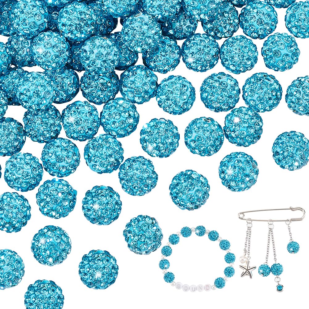 PH PandaHall 100pcs 10mm Rhinestones Beads Pave Disco Ball Clay Beads Crystal Beads Polymer Clay Rhinestone Beads Round Diamond Bead for Bracelet Necklace Earring Jewelry Making Christmas Aquamarine