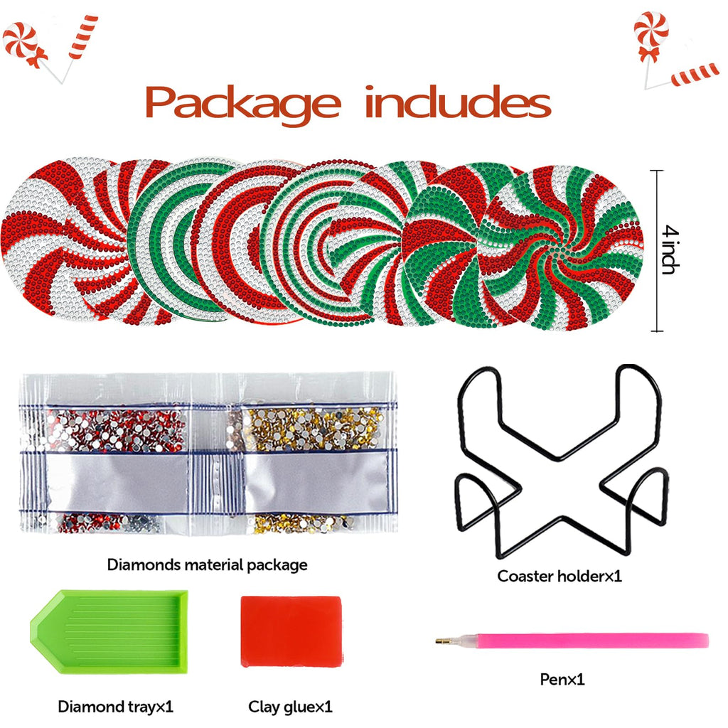 8 Pieces Christmas Candy Diamond Coasters with Holder 5D DIY Christmas Candy Diamond Art Coasters Round Cup Coaster for Drinks Diamond Arts Kits for Christmas Holiday Gift